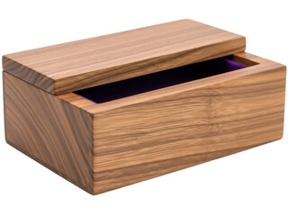 Isolated wooden box with lid, interior with a purple lining, handcrafted for jewelry storage
