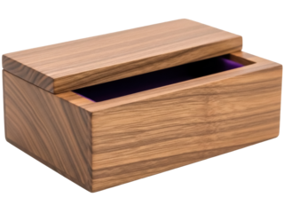 Isolated wooden box with lid, interior with a purple lining, handcrafted for jewelry storage