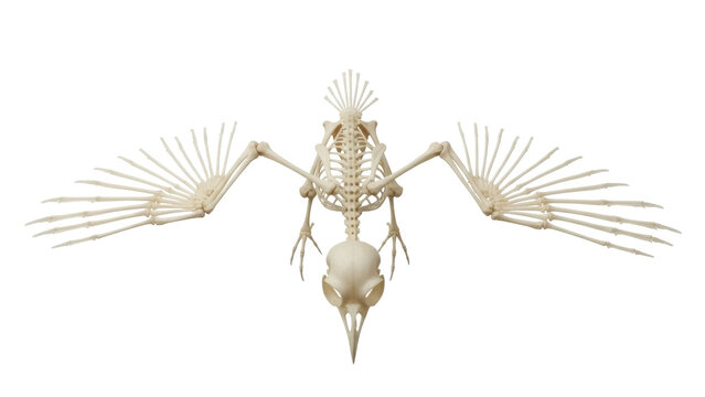 Isolated bird skeleton bones against neutral backdrop, anatomical representation detail, death