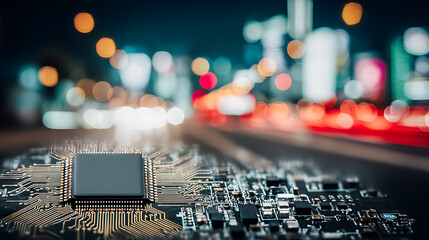 Microchip circuit technology semiconductor processor motherboard data network innovation growth financial growth microchip circuit with city bokeh night, technology vision for 2026 with dynamic