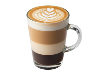 Isolated fancy caffe latte art in glass mug, layer of coffee with milk layers close up
