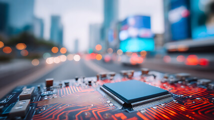 Chip circuit technology city blur bokeh future innovation speed data powering urban networks with confident financial momentum toward growth in 2026 amid vibrant light trails and fast lanes