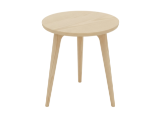 Isolated wooden end table, round top supported by three legs, elegant and minimal design