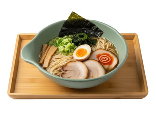Isolated ramen bowl full of meat and garnishes placed on a wooden tray for tasty meal dish