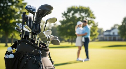 A man and a woman hug on a golf course and relax after playing, in the foreground is a bag with sports equipment