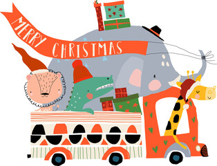 Happy Animals Driving Car with Christmas Gifts. Vector Illustration