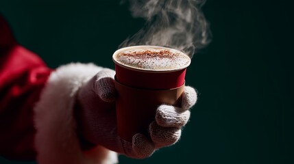 A cozy Christmas scene with Santa's gloved hand holding a steaming cup of holiday-themed coffee topped with cinnamon.