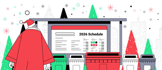Santa Christmas New Year 2026 schedule urban scene with Santa checking timetable at city bus stop surrounded by festive trees and bins modern flat