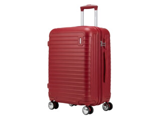 Isolated red hardshell rolling suitcase for travel, vacation, and mobility on wheels to go somewhere
