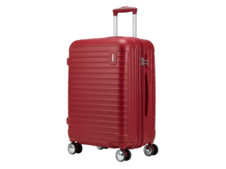 Isolated red hardshell rolling suitcase for travel, vacation, and mobility on wheels to go somewhere