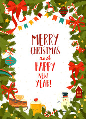 Festive Christmas Card with Fir Branches and Red Bows. Vector Greeting Card