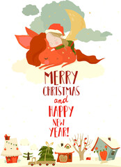 Cute Girl lying with Red Horse on Clouds above Christmas Village. Vector Illustration