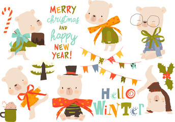 Cute Polar Bears Cute Cartoon Bears with Christmas Elements. Vector Illustration