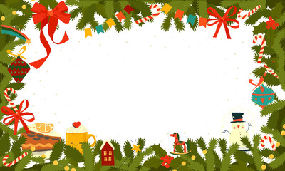 Festive Christmas Card with Fir Branches and Red Bows. Vector Greeting Card