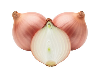 Isolated shallots, one cut in half revealing the inner layers, against a clean backdrop