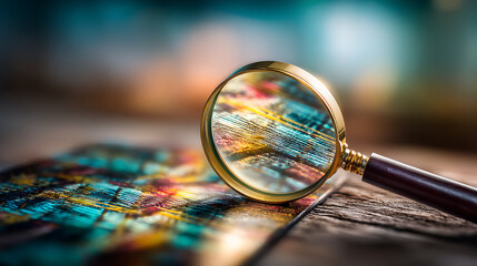 Magnifying glass macro analysis detail texture data chart color focus research drive financial insight and steady growth toward 2026 target with clarity and optimism