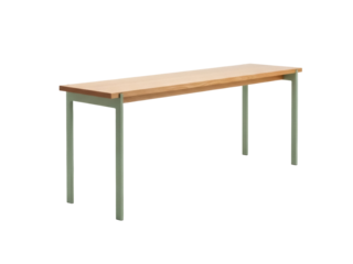 Isolated wooden bench with green legs, modern design, furniture for dining room or office