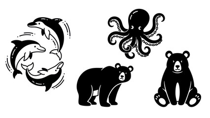 Black and white animal silhouettes dolphins octopus and bears