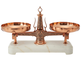 Isolated vintage balance scale with two metal pans, ornate design, weighs, equilibrium, accuracy