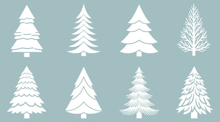 Stylized grid of eight white pine tree silhouettes on muted blue background, showcasing diverse conifer shapes and branch patterns for use in winter design, holiday decor, or nature illustration