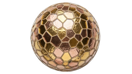 Isolated decorative iridescent sphere with mosaic surface reflecting light, gold, peach