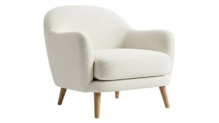 Isolated bouclé armchair, modern single seating with wooden legs, light upholstery