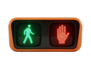 Isolated Pedestrian Traffic Light with Green Walking Person and Red Stop Hand for Crossing