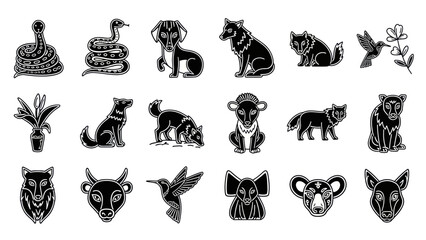 Obraz premium Black animal icons illustration set isolated on white background