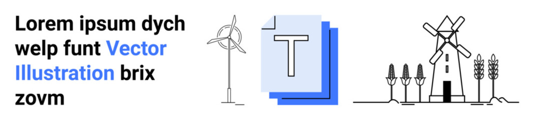 Renewable energy, sustainable design, environmental conservation, typography, farming, graphic compositions. Wind turbines, fields and text layers. Renewable energy and sustainable design