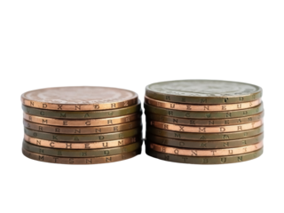 Isolated stack of euro coins from France and Spain demonstrating European unity and economy