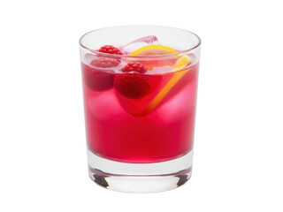 Isolated refreshing raspberry gin cocktail drink with lemon slice and ice in a glass