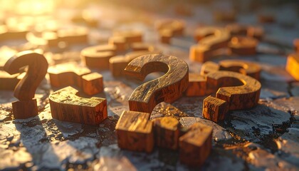 Rustic question marks on textured ground&mdash;warm light casting shadows&mdash;symbolizing curiosity, tension, and the contemplative rhythm of inquiry, ambiguity, and emotional depth.