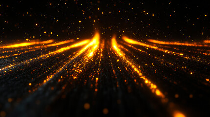Abstract futuristic fiber optic digital flow of glowing orange and yellow particles on dark background, concept of technology, data transfer, and high speed