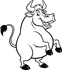 Cartoon bull icon set, playful standing animal character with raised hooves and smiling face, cad drawing flat vector illustration