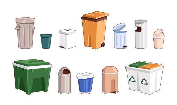 Set of trashcans with different shapes. Various waste bins for indoors and outdoors. Litter cans and dustbins for recycling. Garbage containers. Flat isolated vector illustrations on white background