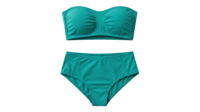 Isolated green swimwear set featuring bandeau top and high waisted briefs, no background - Powered by Adobe