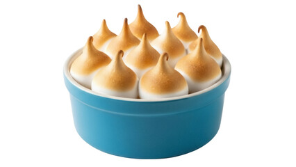 Isolated baked meringue kisses in blue ramekin dish, homemade dessert or confection