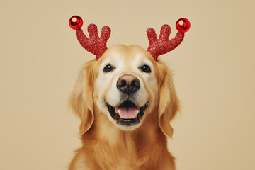 Golden retriever dog posing with glittery red reindeer antlers for Christmas holiday celebration, happy pet expressing festive joy and seasonal cheer