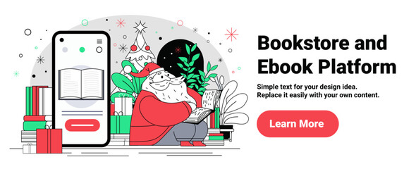 Santa Christmas bookstore ebook platform holiday reading digital books gifts festive tree smartphone screen presents modern website banner