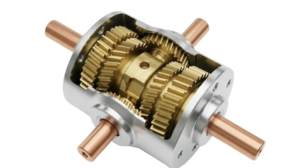 Isolated cutaway view of a differential with gears and copper shafts showing inner workings