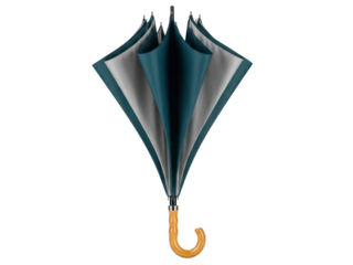 Isolated Stylish Turquoise Inverted Umbrella with Wooden Handle for Creative Protection