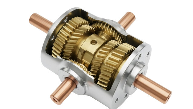Isolated cutaway view of a differential with gears and copper shafts showing inner workings