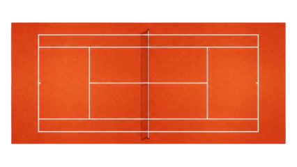 Isolated aerial view of orange-brown hard court tennis court with net, lines and rectangular zones