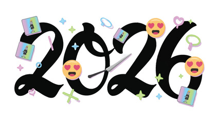 Year 2026 Celebration: A vibrant and imaginative illustration of the year 2026, filled with whimsical elements. The artwork bursts with joyful emojis.