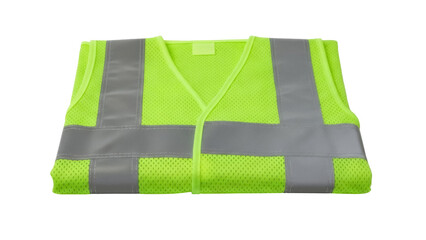 Isolated safety vest folded for construction work, uniform, neon yellow mesh with gray stripes