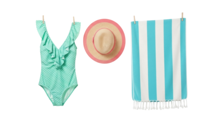 Isolated Summer Clothes on Clothesline, Beach Towel, Hat, and Swimsuit, Clothing Item Set