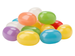 Isolated pile of colorful shiny jelly beans candy treat, close-up food photography studio shot