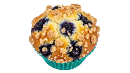 Isolated blueberry muffin with crumb topping fresh out of the oven for breakfast treat
