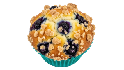 Isolated blueberry muffin with crumb topping fresh out of the oven for breakfast treat
