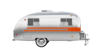 Isolated vintage travel trailer in silver with orange stripe for camping or vacations